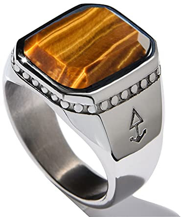 Rock and Steel Herren Ring Siegelring mit Tigerauge Stein, Edelstahl (Silber, 58 (18.5 mm))