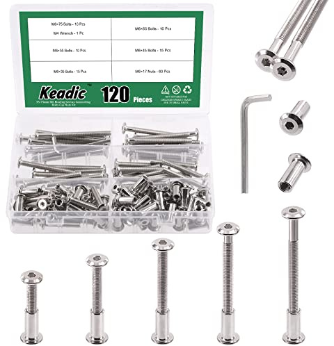 Keadic 121 Pcs Nuts and Bolts Assorted Set, M6 x 35/45/55/65/75mm Socket Cap Bolts Barrel Nuts Kit with Hex Key, Silver Screws Stud Posts Kit, Fastener Set for Bed Chair Table Cabinet