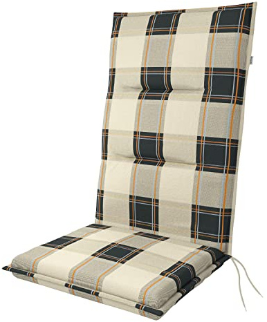 Doppler Hochlehner-Auflage Spot 118x48x5 cm – Weiches Gartenstuhl-Polster | Beige Grau Kariert | Komfortable Sitzauflage mit Bindebändern für Balkon, Terrasse & Garten