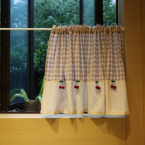 A.Monamour Gardine Scheibengardinen Kurzstores Schiebevorhänge Baumwoll Leinen Plaid Kariert Blickdicht mit Roten Kirschen Landhaus Bauernhaus Kurzgardinen Küche Vorhang Fenster Kurz Bistrogardine