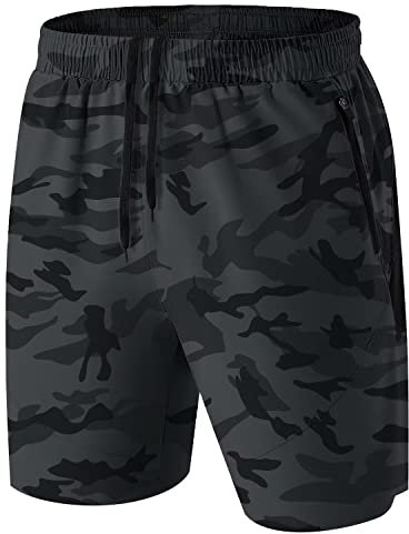 HMIYA Herren Sport Shorts Kurze Hose Schnell Trocknend Sporthose Leicht mit Reißverschlusstasche(Camo Grau,EU-XL/US-L)