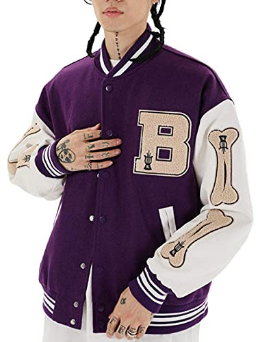 Minetom Giacca Uomo da Baseball Varsity Vintage Cappotto Unisex Lettera Felpa Motociclista Giubbotto da Coppia College Sweat Patchwork Oversized Bomber D Viola XL