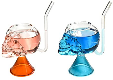 NFNSIG Lot de 2 verres à cocktail avec paille intégrée Motif tête de mort 200 ml