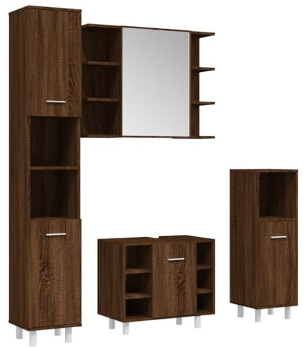 vidaXL Badmöbel Set 4 TLG., Badezimmer Möbel mit viel Stauraum, Badschränke mit Spiegel, Badspiegel Waschbeckenschrank Standschränke, Braun Eichen Optik Holzwerkstoff