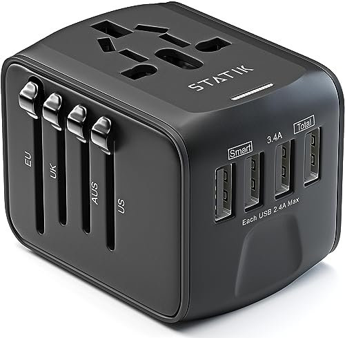 Statik GloboCharge 12W Universal Travel Adapter Worldwide - International Power Adapter Plug Europe, UK, USA, Australia Slide Outlets, Universal Power Adapter Travel 200 Countries, 4 USB-A Ports