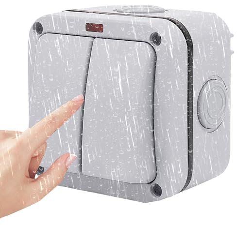 Sporgo Interruptor universal resistente a la intemperie, doble interruptor: 20 A IP66, resistente al agua, interruptor con interruptor independiente y luz de control, gris para exterior, jardín,
