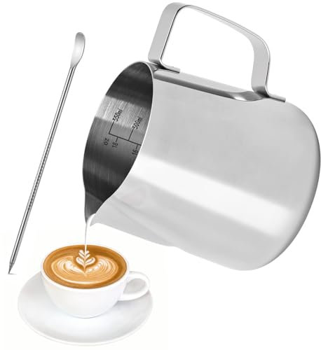 FIOUSY Melkkannetje van roestvrij staal, vrijstaande koffie, melkkannetje, kan, beker met maat Mark en Latte Art Pen, Milk pitcher karaffen voor (600ml)