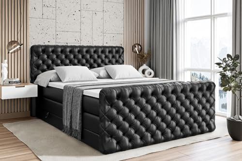 ALTDECOR Boxspringbett mit Matratze und Lattenrost, Topper, Fußteil,Polsterbett mit Bettkasten, Bett mit Stauraum H3- und H4- Matratze, Doppelbett -BOXI8-Z King -180x200-Schwarz Kunstleder