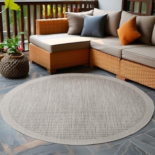 Carpetsale24 In- & Outdoor Teppich Wetterfest 120 cm Rund Einfarbig Grau - Waschbar, Wasserfest, Pflegeleicht und Flachgewebe - Ideal für Balkon, Garten, Terrasse und als Küchenteppich