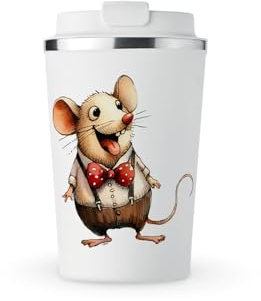 MAXIKIWI Isolierter doppelwandiger, auslaufsicherer Edelstahlbecher, Kaffee- oder Tee-Reisebecher mit Deckel, hält Getränke heiß und kalt, Wasserfarben, lustiges Maus-Design, 1–350 ml
