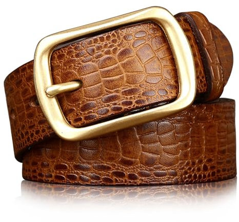 Karoukee Herren Echtledergürtel mit Krokodil Print, Luxuriöser Formaler Ledergürtel, Stilvoller Herrengürtel, 1.5 Breite, Verpackt in Geschenkbox, Messingschnalle
