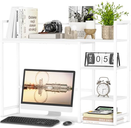 Snughome Desk Shelf, 38.6 Desktop Organizer, 4 Tier Monitor Hutch, Wood Bookshelf Storage Rack for Home Office Dorm, White