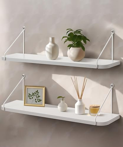 Afuly Wandregal Weiß Holz 60cm Metall Regal Schweberegale Wand Hängeregal Aufbewahrungsregal für Wände Küche Modern Dekor Badezimmer Kinderzimmer Wohnzimmer 2er Set