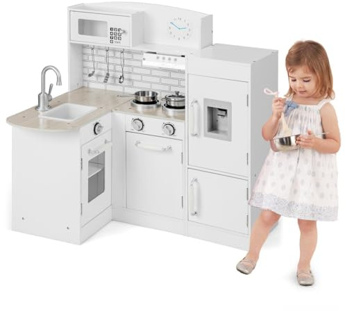 HOMASIS Cocina Infantil con luz y Sonido, Juego de Cocina con Fregadero Cocina Horno frigorífico, Juguete con Olla y 3 Utensilios de Cocina, para niños a Partir de 3 años (Normal) (Normal)