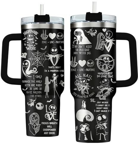 GEPOSTORE Christmas Gifts: Jack Sally 40 oz Tumbler with Handle, Nightmare Before Movie Cup, Coffee Mug - Halloween & Christmas Occasion