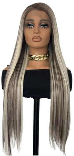 Greenmirr Hervorgehoben Braun Platin Blonde Lace Front Perücke 13x4 Lace Lange Gerade Beheizte Synthetische Perücke für Frauen Tägliches Cosplay 24in