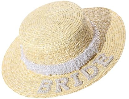 Ubxvamm Sombrero de paja para novia con diseño de letras y perlas para despedida de soltera, tejido a mano, a prueba de sol, para playa, vacaciones, sombrero de paja para novia