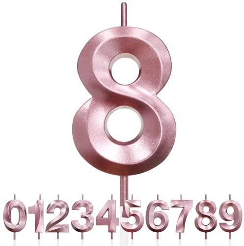 Nummer 8 Geburtstagskerze, 8. Geburtstag Kerze, 3D Design Roségold Glitter Nummer Kerzen, Cake Topper Dekorationen, Kuchen Kerze für Geburtstagsparty, Hochzeitstag, Baby-Dusche, Party-Dekoration
