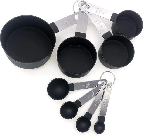 JUNEYEHX 8-Piece Black Measuring Tools - Nylon, 4 Measuring Cups / 4 Measuring Spoons with Metal Handles for Liquids and Solids (Black)