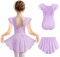 Arshiner Mädchen Ballettkleider Violett Sommer Ballettkleidung Kurzarm Rückenfrei Tanzkleid Kinder Balletttrikot Baumwolle Ballettanzug Ballett Tanzbody Ballettbody mit Rock Tütü 130/4-5 Jahre