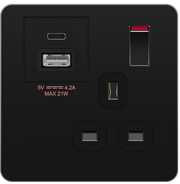 LIDER 1-Gang Switched 13A Socket, 20W, USB-A, Combined 5V/4.2A (20W) Output