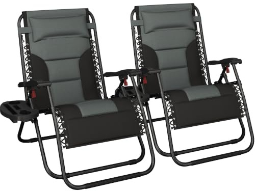 Yaheetech 2pcs Padded Foldable Zero Gravity Chair | Oxford Patio Chair | Built-in Cup/Phone Holder | Carry Strap & Headrest Pillow | For Garden, Patio and Backyard