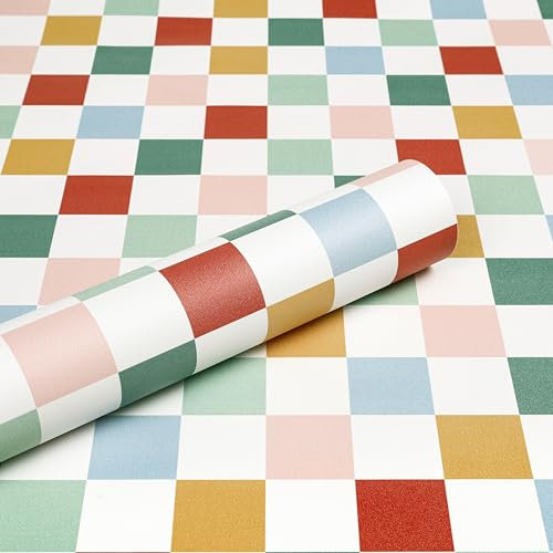 ReWallpaper 44.5CMx7M Papier Peint Motif Geometrique à Damier Coloré Papier Peint Adhesif pour Meuble Armoire Tiroir Couleur Film Autocollant Credence Cuisine Papiers Peints Carreaux Blanc