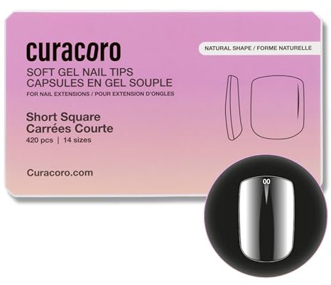 Curacoro Natural Nail Soft Gel Tips - 420Pcs Nail Extension Tip, 14 Sizes Clear Full Cover Acrylic Gel Tip, Long-Lasting Salon Quality, Easy to Wear & Natural Look (Square, Short)