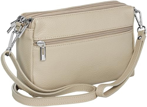 Caspar kleine Leder Umhängetasche Crossbody Bag elegante Damen Tasche mit 3 Fächern - CLASSIC LINE - Modell No.815 - Made in Italy, Farbe:taupe