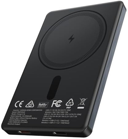 Minthouz Magnetic Power Bank, 5000mAh Battery Pack with 22.5W USB-C, 15W Ultra-Fast Wireless Charging MagSafe Compatible Portable Charger for iPhone 17/16/15/14/13/12 Series, Black