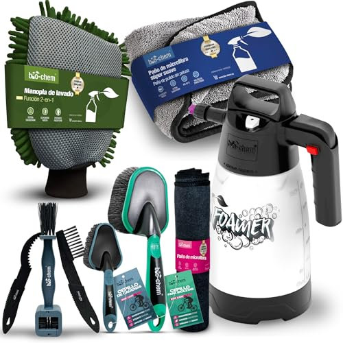 bio-chem Fahrrad Reinigungszubehör-Set 9-teilig | Schaumsprüher, Bürsten-Set für Kette & Rahmen – Reinigungsbürste, Kettenbürste, Mikrofasertuch – Fahrradpflege Zubehör für Rennrad MTB E-Bike