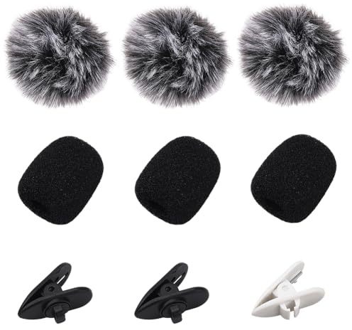 CREATCABIN 9 Pack Furry Microphone Cover Lavalier Lapel Microphone Kit Small Sponge Polyester Pompom Ball Plastic Wired Clips Windscreen Mic Cover Sets for DIY Lavalier Bar News Interview Mic Mike