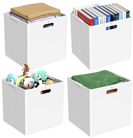 Vadidiya 4-Pack Foldable Storage Cubes Boxes, Plastic Storage Cube with Handle, White, 27.3 x 27.3 x 28.2 cm