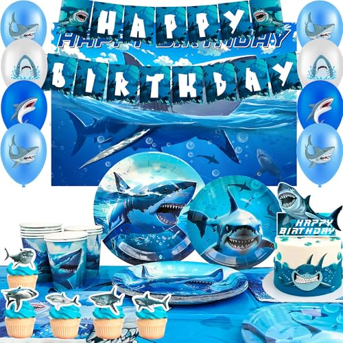 Artículos para Fiestas de Tiburones,10 Invitados Set de Decoración & Vajilla Fiesta Cumpleaños Tiburón Platos de Tiburón Mantel&Pancarta de Cumpleaños Tiburón Globo etc Decoración de Cumpleaños de Tib