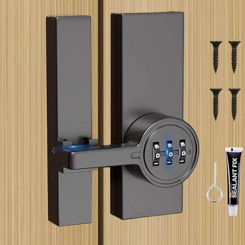 180 Degree Barn Door Latch with Code, Black Zinc Alloy Mechanical Combination Garden Door Lock for Wooden Gates, Adhesive & Screw-on Gate Locks for Front Door, Entry, Barn, Closet, Shed, Storage