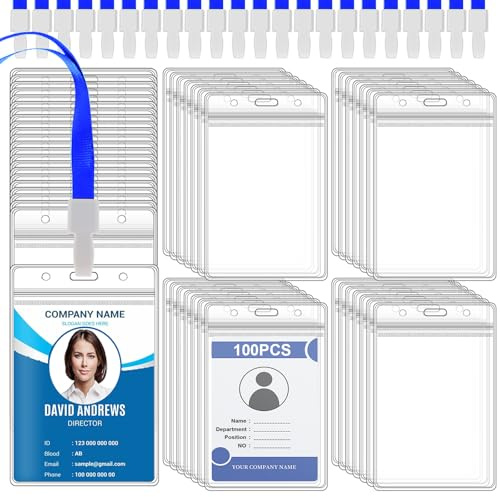 HIMOMO 100 Porte Badge Tour de cou, étanche Porte Carte Avec Cordon,Transparent Verticaux En Badge Plastique, Pour Aux Expositions, Conférences, écoles, Bureaux(Pour 7 x 10 cm）