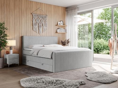 MKS MEBLE Boxspringbett Doren King 200x200 cm, Polsterbett mit Kopfteil und Bettkasten, Bett mit Multipocket-Matratze H3, Boxspringbett mit Topper Visco - Hellgrau Struktur