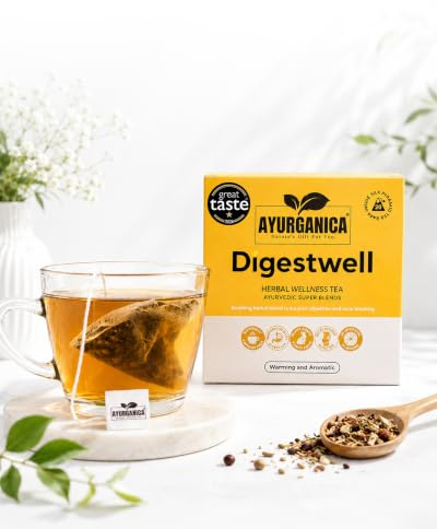 Ayurganica Digestwell Herbal Tea With 9 Active Ingredients – 60 Counts – Help Digestion – Metabolism Booster – Ginger, Fennel Seeds, Peppermint, Licorice & Cardamom – Silk Pyramid Individual Tea Bags