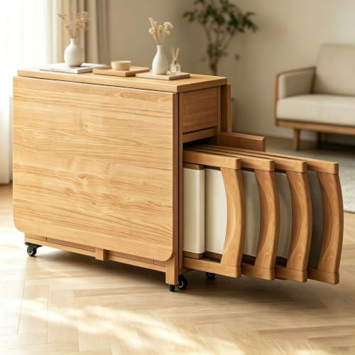 Juego Mesa Comedor Extensible Madera con 4 Sillas, 1,4m | Juego De Mesa De Comedor Plegable De Madera Maciza con Ruedas, Ahorra Espacio, Ideal para Cocina, Sala de Estar
