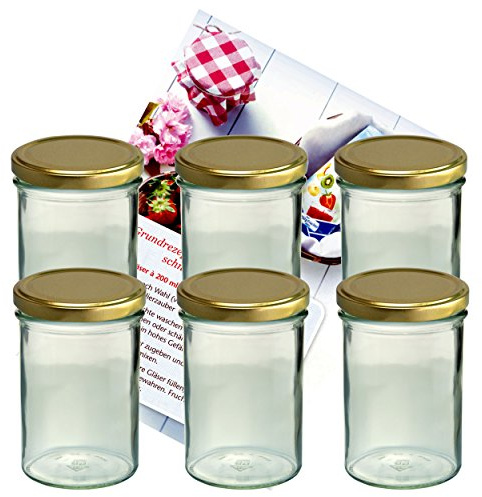 MamboCat 6er Set Sturzglas 435 ml Marmeladenglas Einmachglas Einweckglas to 82 Goldener Deckel incl. Diamant-Zucker Gelierzauber Rezeptheft