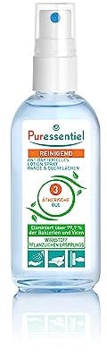 Puressentiel - Assainissant - Lotion Spray Antibactérien aux 3 Huiles Essentielles - Mains et Surfaces - Elimine 99,9% des bactéries et des virus - Odeur Citronnée - Fabrication Française - 80 ml