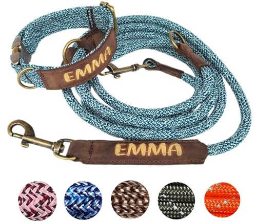 Tauleine Hund oder Halsband personalisiert Hundeleine Hundehalsband Verstellbar Echtleder Altmessing Schnur dog collar leash