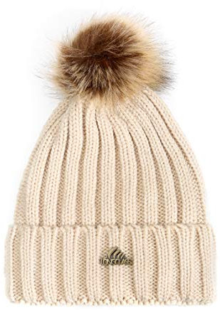 LONGCLASS Damen Bommelmütze BOMBOLEO - Beige, Anpassbar, Acryl, Beanie, Winter, Herbst, Frühling, Einfarbig, Casual, Wasserfest, Damen, Mädchen, Frauen, Modebewusste, Mütze