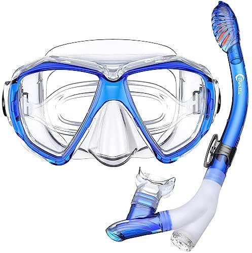 Dorlle Schnorchelset Schnorcheln Set mit Schnorchel und Taucherbrille,wasserdichte Tauchmaske Anti-Fog Anti-Leck aus Gehärtetem Glas,mit 3-Kanal Premium Dry Schnorchel für Erwachsene,Klar/blau
