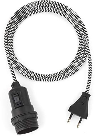 5m Plug-In Lampe SCHWARZ-WEISS, Textilkabel mit Lampenfassung aus Thermoplast (TEILGEWINDEMANTEL) mit Schalter und Eurostecker