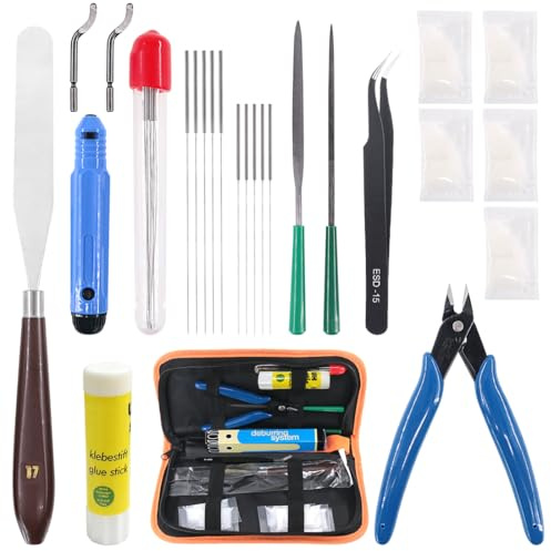 Rustark 25 Piece 3D Printer Tool Kit Full Range Tools for Cleanup Removal Finish Including Trimming Blade 0.4mm 0.35mm Needle Tweezers File Pliers Deburr Tool Scarpers Glue Stick