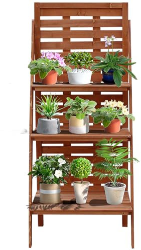 Outsunny Three-Tier Plant Stand, Wood Ladder Shelf for Flower Pot Display, Outdoor Indoor Organiser