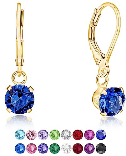 DTPsilver® Pendientes Colgantes Pequeños Plata de Ley 925 Chapados en Oro Amarillo con Cristal Swarovski® 6 mm - Pendientes Dorados Mujer - Pendientes Zafiro Azul