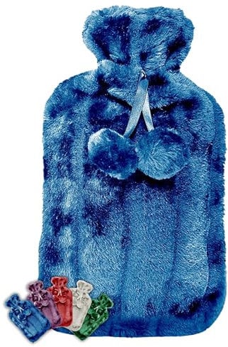 LIFE Healthcare Large Hot Water Bottle with Cosy Fur Cover and Pom Poms. 1.8 Litre Capacity Relieves Body Aches and Pains