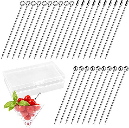 maxin - Juego de 30 pics de cóctel de acero inoxidable con estuche transparente para cócteles, aperitivos, decoración de frutas y frutas (plata)